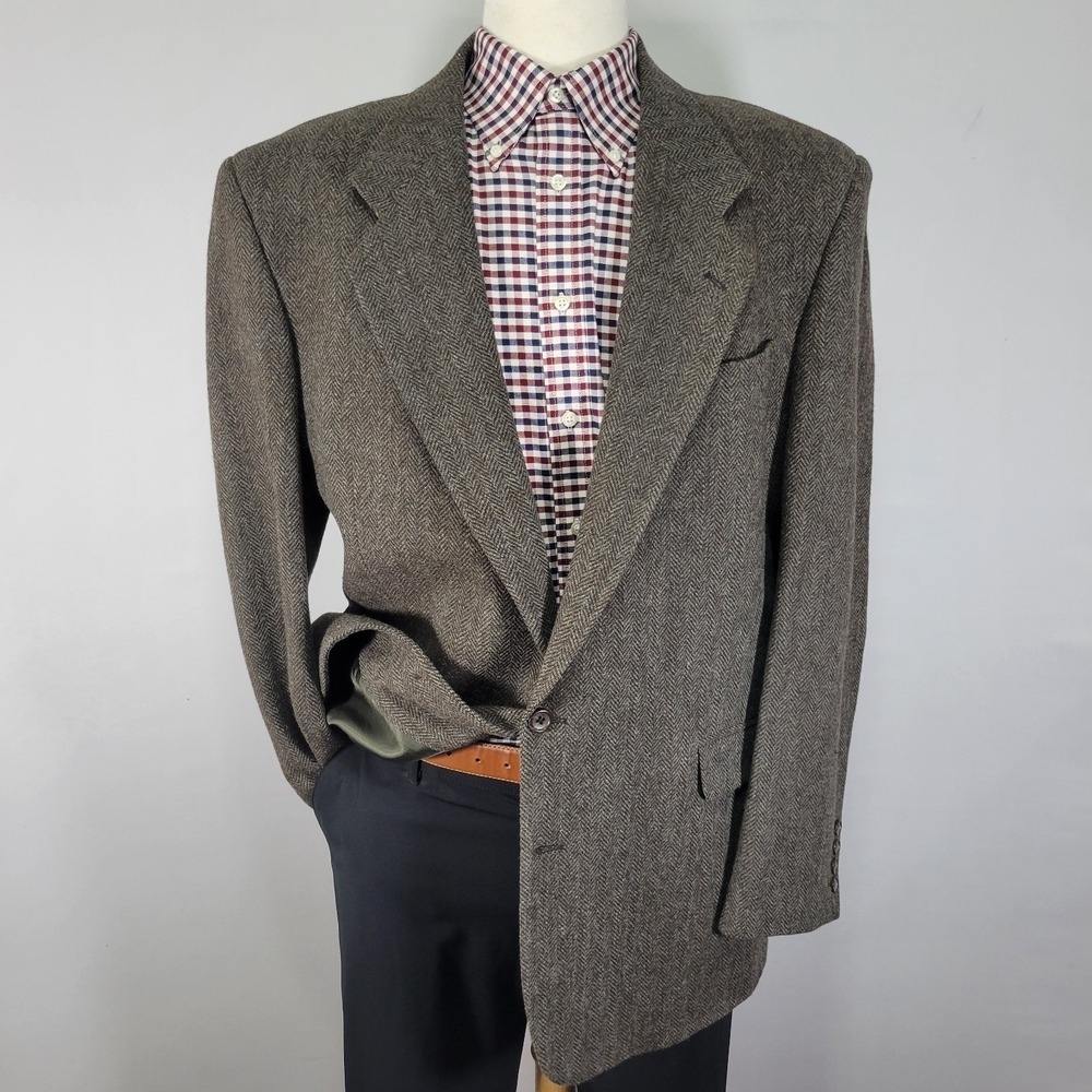 Bill Robinson Mens Tweed Sport Coat Blazer Two Button Brown herringbone Wool 44L